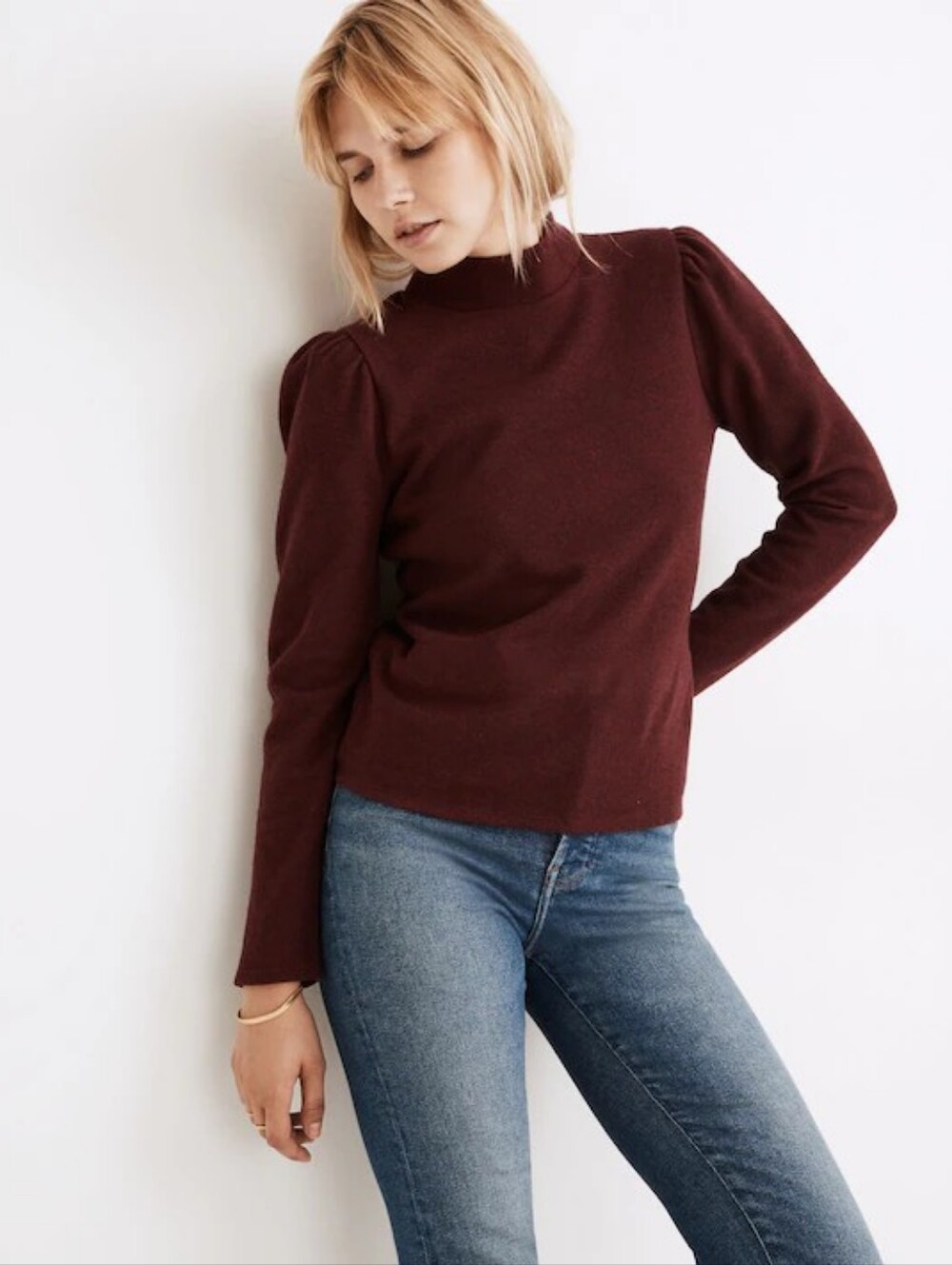 Madewell Wool Blend Mock Neck Puff Sleeve Sweater Burgundy Red XXS